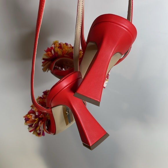 Sam Edelman | Clare Ankle Strap Heels Pom Pom Details in Bright Poppy Size 7 - Picture 4 of 6